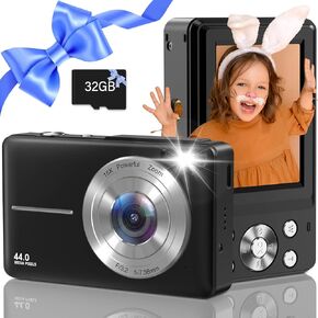كاميرا رقمية، كاميرا FHD 1080P 44MP للأطفال مع بطاقة 32 جيجابايت، كاميرا تسجيل فيديو مدمجة للتصوير الفوتوغرافي، كاميرا التوجيه والتقاط 16X تكبير مضادة للاهتزاز، كاميرا سفر صغيرة محمولة للمراهقات والبنات والأولاد والأطفال
