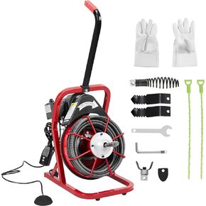 Drain Cleaner Machine, 50 Ft X 3/8 Inch Professional Automatic Electric Drain Auger for 1 to 4 Inch Pipes, Portable Electric Drain Snake with 4 Cutters & Foot Switch and Pair of Gloves
