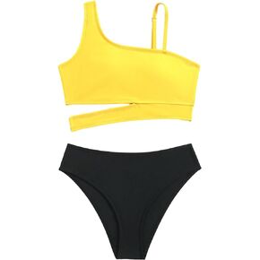 SHENHE Girl's 2 Piece Bathing Suits Color Block Cut Out Asymmetrical Bikini Sets