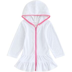 Girls Swim Cover Up Kid Hooded Zip-Up Terry Swimsuit Coverup Towel Bathing Suit Bathrobe Pool Swim Beach Robe Dress (Z White, 5-6 Years) in Kuwait