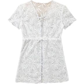 WDIRARA Girl's Tropical Pattern Lettuce Hem Mini Cover Up Dress Collarless Neck Short Sleeve Mesh Beach Dress