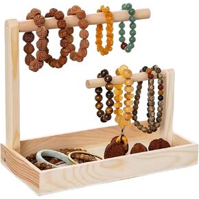 Bracelet Holder,2-Tier Jewelry Organizer Stand with Wooden Tray,Jewelry Organizer Holder for Earrings Necklaces Bracelets Watches and Rings(Black)