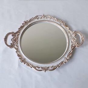 YANIZU Decorative Mirror Tray, Round with Handles, Organizer for Perfume, Makeup, Jewelry, Vintage Display and Serving Tray for Dresser, Counter and Coffee Table, 15.8" x 13", Black