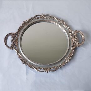 صينية مرآة مزخرفة من ياش يانيزو، مستديرة بمقابض، منظم للعطور والمكياج والمجوهرات وصينية عرض عتيقة وصينية تقديم لخزانة الملابس والعداد وطاولة القهوة، 15.8 × 13 بوصة، فضي ذهبي in Kuwait