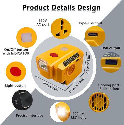 200W Power Supply Inverter for Dewalt 20V Lithium Battery, TEPULAS DC 20V to AC 120V Modifined Sine Wave Power Inverter, for Dewalt Power Station with LED Light & USB & Type C & AC Outlet in Saudi Arabia