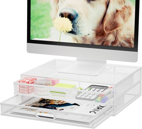 Marbrasse Monitor Stand Riser with Drawer - Metal Mesh Desk Organizer with Dual Pull Out Storage Drawer,Office Supply for Computer, PC, Laptop, Printer, Notebook, iMac (White) in Saudi Arabia