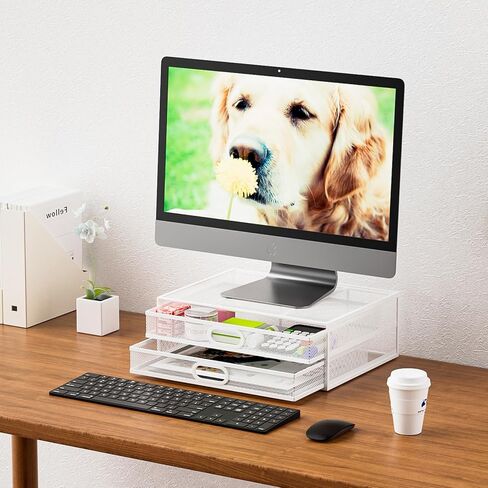 حامل شاشة ماربراس مع درج - منظم مكتب شبكي معدني مع درج تخزين مزدوج قابل للسحب، مستلزمات مكتبية للكمبيوتر والكمبيوتر الشخصي والكمبيوتر المحمول والطابعة والكمبيوتر المحمول وأجهزة iMac (أبيض) in Kuwait