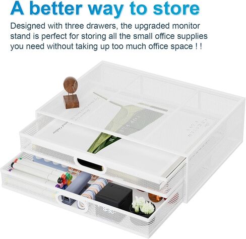 حامل شاشة ماربراس مع درج - منظم مكتب شبكي معدني مع درج تخزين مزدوج قابل للسحب، مستلزمات مكتبية للكمبيوتر والكمبيوتر الشخصي والكمبيوتر المحمول والطابعة والكمبيوتر المحمول وأجهزة iMac (أبيض) in Kuwait