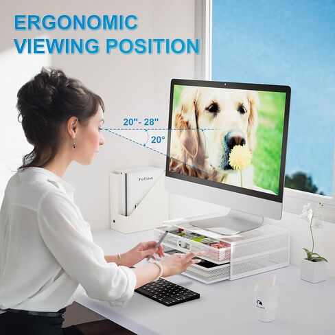 حامل شاشة ماربراس مع درج - منظم مكتب شبكي معدني مع درج تخزين مزدوج قابل للسحب، مستلزمات مكتبية للكمبيوتر والكمبيوتر الشخصي والكمبيوتر المحمول والطابعة والكمبيوتر المحمول وأجهزة iMac (أبيض) in Kuwait