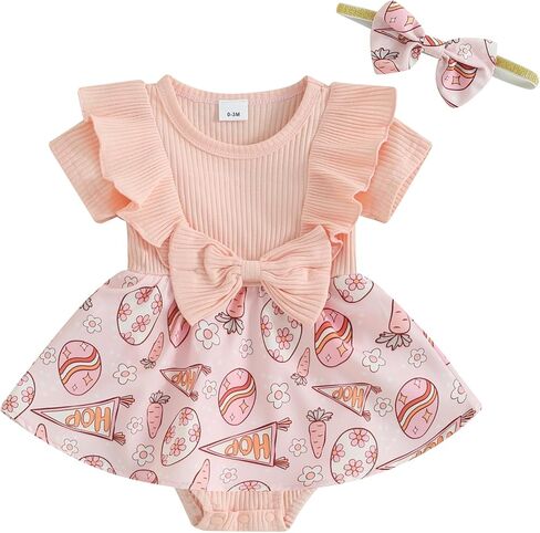 Karuedoo Newborn Baby Girl Easter Romper Dress Ruffle Short Sleeve Bunny Eggs Print Jumpsuit Bodysuit with Headband in Kuwait