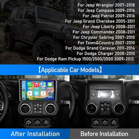 10.2 بوصة 5G WiFi 4+32GB راديو ترقية ستيريو للسيارة لسيارة Jeep Wrangler JK Compass Grand Cherokee، وحدة رأس Android 13 مع Carplay Andriod Auto GPS Bluetooth FM/RDS Radio Morrior Link&SWC in Kuwait