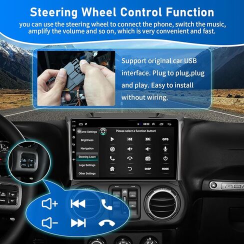 10.2 بوصة 5G WiFi 4+32GB راديو ترقية ستيريو للسيارة لسيارة Jeep Wrangler JK Compass Grand Cherokee، وحدة رأس Android 13 مع Carplay Andriod Auto GPS Bluetooth FM/RDS Radio Morrior Link&SWC in Kuwait