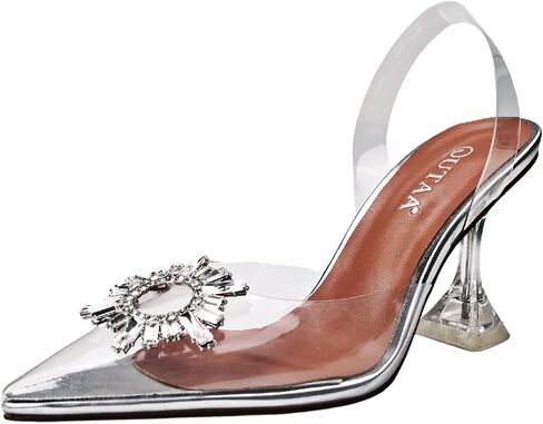 Women Clear Heels Shoes Pointed Toe Slingback High Heel Sandals Crystal Rhinestones Party Wedding Pumps Shoes in Saudi Arabia