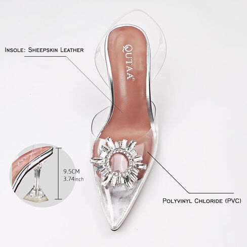 Women Clear Heels Shoes Pointed Toe Slingback High Heel Sandals Crystal Rhinestones Party Wedding Pumps Shoes in Saudi Arabia