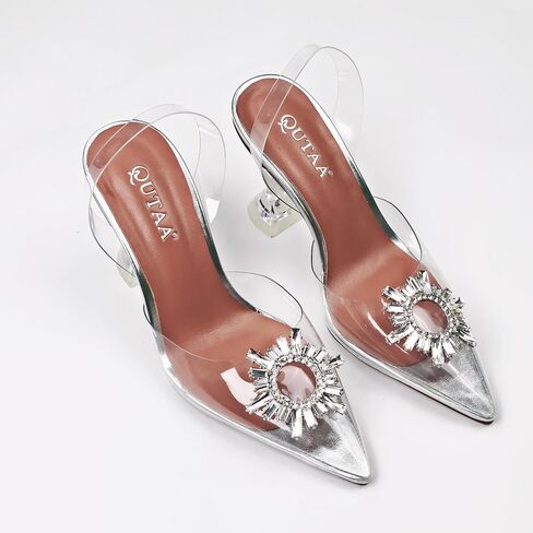 Women Clear Heels Shoes Pointed Toe Slingback High Heel Sandals Crystal Rhinestones Party Wedding Pumps Shoes in Saudi Arabia