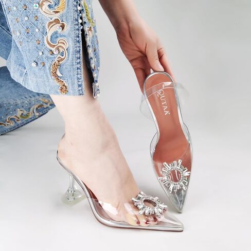 Women Clear Heels Shoes Pointed Toe Slingback High Heel Sandals Crystal Rhinestones Party Wedding Pumps Shoes in Saudi Arabia
