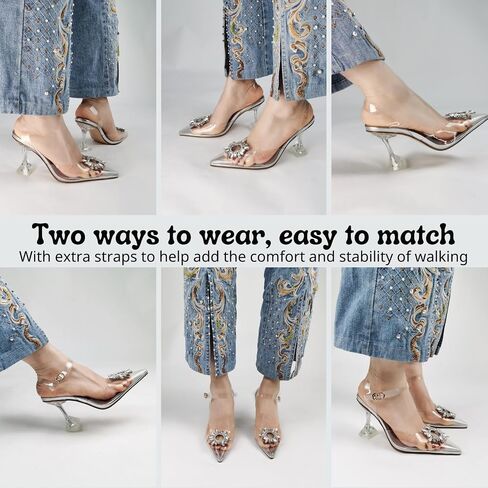 Women Clear Heels Shoes Pointed Toe Slingback High Heel Sandals Crystal Rhinestones Party Wedding Pumps Shoes in Saudi Arabia