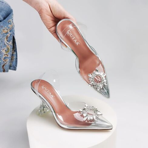 Women Clear Heels Shoes Pointed Toe Slingback High Heel Sandals Crystal Rhinestones Party Wedding Pumps Shoes in Saudi Arabia