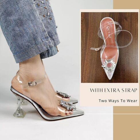 Women Clear Heels Shoes Pointed Toe Slingback High Heel Sandals Crystal Rhinestones Party Wedding Pumps Shoes in Saudi Arabia