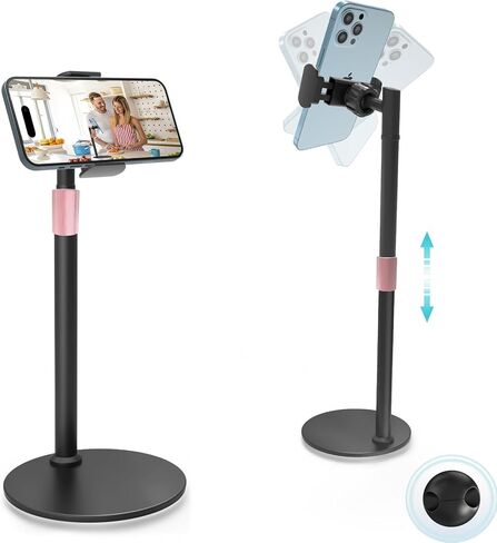 حامل هاتف خلوي، حامل هاتف بارتفاع/زاوية قابل للتعديل للمكتب/المطبخ/المكتب، حامل للدردشة، حامل سطح مكتب معدني يدور 360 درجة متوافق مع سلسلة/حافظة iPhone، سامسونج، أسود in Kuwait