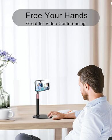 حامل هاتف خلوي، حامل هاتف بارتفاع/زاوية قابل للتعديل للمكتب/المطبخ/المكتب، حامل للدردشة، حامل سطح مكتب معدني يدور 360 درجة متوافق مع سلسلة/حافظة iPhone، سامسونج، أسود in Kuwait