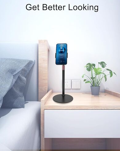 حامل هاتف خلوي، حامل هاتف بارتفاع/زاوية قابل للتعديل للمكتب/المطبخ/المكتب، حامل للدردشة، حامل سطح مكتب معدني يدور 360 درجة متوافق مع سلسلة/حافظة iPhone، سامسونج، أسود in Kuwait