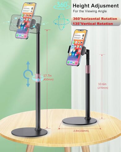 حامل هاتف خلوي، حامل هاتف بارتفاع/زاوية قابل للتعديل للمكتب/المطبخ/المكتب، حامل للدردشة، حامل سطح مكتب معدني يدور 360 درجة متوافق مع سلسلة/حافظة iPhone، سامسونج، أسود in Kuwait