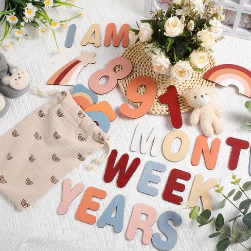 Yousoontic 32 قطعة Boho Baby Milestone Number Letter Sign خشبي أسبوع شهر سنة صورة دعامة مع حقيبة موسلين إعلان حديثي الولادة للاستحمام صبي فتاة in Saudi Arabia
