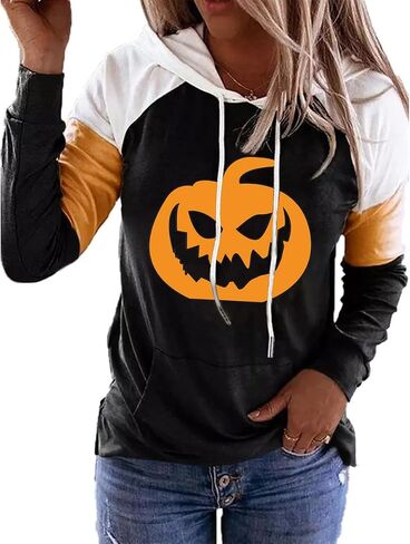 QIANRUO Halloween Hoodie Tshirt for Women Pumpkin Face Graphic Tees Tops Long Sleeve Color Block Pullover Shirt in Saudi Arabia