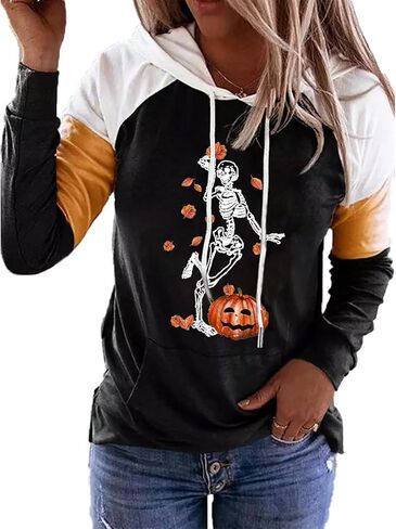 QIANRUO Halloween Hoodie Tshirt for Women Pumpkin Face Graphic Tees Tops Long Sleeve Color Block Pullover Shirt in Saudi Arabia