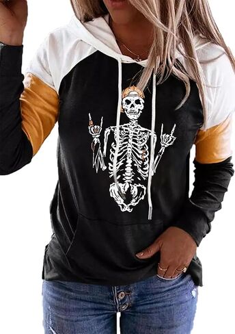 QIANRUO Halloween Hoodie Tshirt for Women Pumpkin Face Graphic Tees Tops Long Sleeve Color Block Pullover Shirt in Saudi Arabia