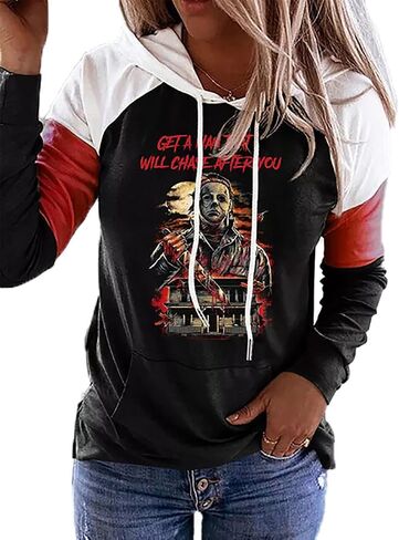 QIANRUO Halloween Hoodie Tshirt for Women Pumpkin Face Graphic Tees Tops Long Sleeve Color Block Pullover Shirt in Saudi Arabia