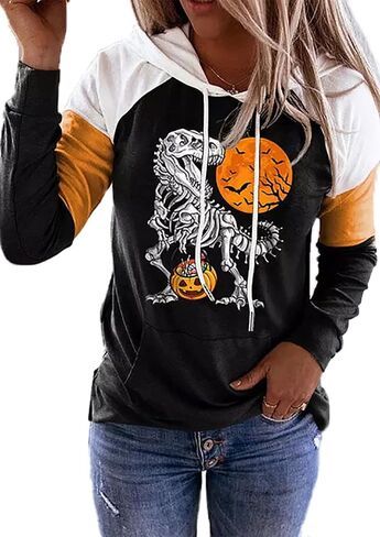 QIANRUO Halloween Hoodie Tshirt for Women Pumpkin Face Graphic Tees Tops Long Sleeve Color Block Pullover Shirt in Saudi Arabia