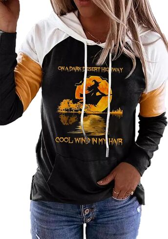 QIANRUO Halloween Hoodie Tshirt for Women Pumpkin Face Graphic Tees Tops Long Sleeve Color Block Pullover Shirt in Saudi Arabia