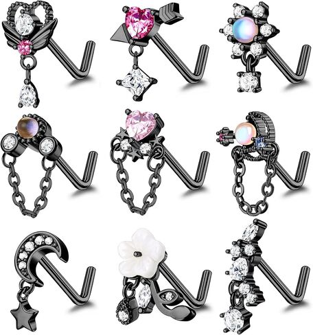 SAILIMUE 9 قطع 20 جرام حلقات الأنف المتدلية ترصيع للنساء على شكل حرف L متدلية الأنف ترصيع الجراحية الصلب القلب السهم زهرة القمر نجمة تشيكوسلوفاكيا المتدلية ثقب الأنف المجوهرات in Kuwait