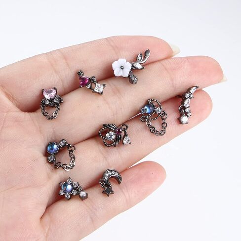 SAILIMUE 9 قطع 20 جرام حلقات الأنف المتدلية ترصيع للنساء على شكل حرف L متدلية الأنف ترصيع الجراحية الصلب القلب السهم زهرة القمر نجمة تشيكوسلوفاكيا المتدلية ثقب الأنف المجوهرات in Kuwait