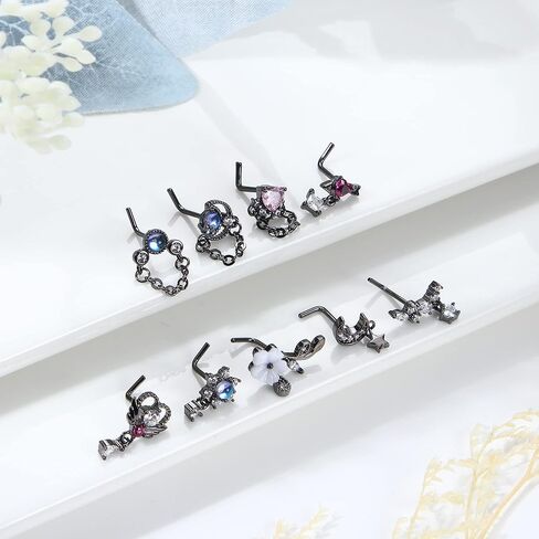 SAILIMUE 9 قطع 20 جرام حلقات الأنف المتدلية ترصيع للنساء على شكل حرف L متدلية الأنف ترصيع الجراحية الصلب القلب السهم زهرة القمر نجمة تشيكوسلوفاكيا المتدلية ثقب الأنف المجوهرات in Kuwait