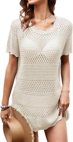 Swimsuit Coverup for Women Knitted Bathing Suit Cover Ups Sexy Hollow Out Sleeveless Beach Cover Up Mini Dress in Saudi Arabia