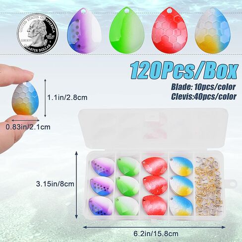 Spinner Blades Fishing Clevis Kit, 120pcs Fishing Blades Spinner Clevis Set Colorado Blades Easy Spin Brass Clevis Fishing Lure Making Accessories for Walleye Rig Spoon Inline Spinnerbaits in Saudi Arabia