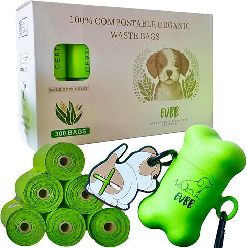Certified Compostable Waste Bags for Pets - 20 Rolls 300 Bags - with ECO-Friendly Dispenser and Cute Puppy Shaped Bag Holder, Metal Carabiner - Large, Thick, Leak-proof in Saudi Arabia