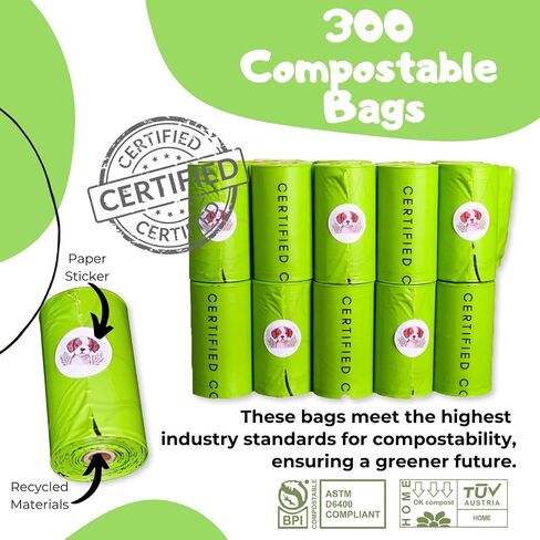 Certified Compostable Waste Bags for Pets - 20 Rolls 300 Bags - with ECO-Friendly Dispenser and Cute Puppy Shaped Bag Holder, Metal Carabiner - Large, Thick, Leak-proof in Saudi Arabia