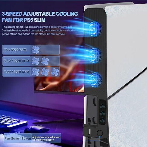 مروحة تبريد arVin USB لجهاز PS5 Slim، مروحة تبريد هادئة مطورة لوحدة تحكم PS5 Slim مع 3 نظام مراوح تبريد عالية السرعة (9500 دورة في الدقيقة) ومنفذ USB 2.0 لوحدة تحكم PS5، وملحقات لجهاز Playstation 5 Slim in Kuwait