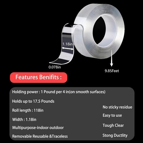 Nano Double Sided mounting Tape Heavy Duty, Double 2 Adhesive Tape for Walls,Washable Sticky Strong Wall Tape Strips,Transparent Tape Poster Carpet Tape for Paste Items, 9.8ft×1.18inx0.098in. in Saudi Arabia