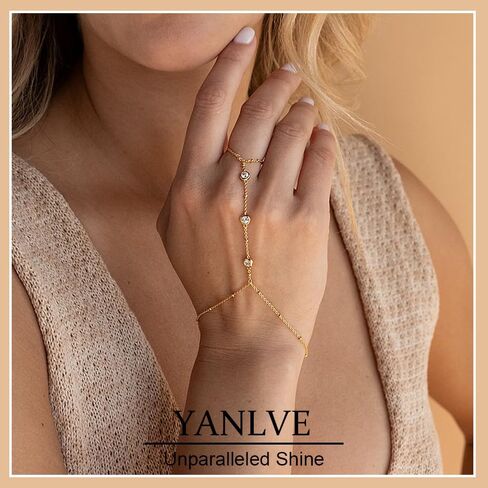 Hand Chain Bracelet 14K Plated Gold Bracelet Stack Finger Ring for Women Girls Adjustable Rhinestone Ring Bracelet Hand Chain for Women Trendy Jewelry Non Tarnish Gold Ring Hand Bracelet in Saudi Arabia