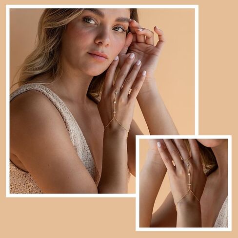 Hand Chain Bracelet 14K Plated Gold Bracelet Stack Finger Ring for Women Girls Adjustable Rhinestone Ring Bracelet Hand Chain for Women Trendy Jewelry Non Tarnish Gold Ring Hand Bracelet in Saudi Arabia