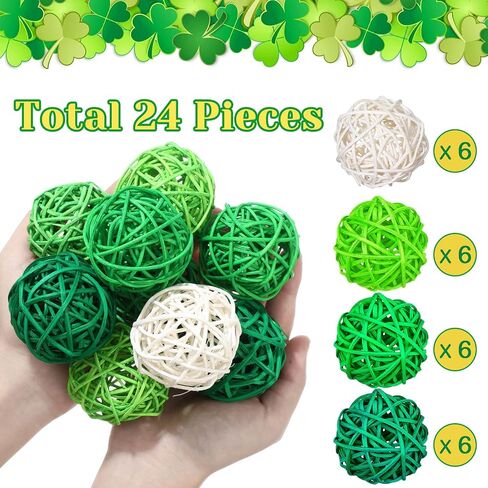24 Pieces Wicker Rattan Balls Decorative Orbs 1.8 Inch St Patrick's Day Mixed White Green Ball Vase Filler Decorative Balls for Wedding Table Decor Valentine's, Green, Light Green, Dark Green, White in Saudi Arabia