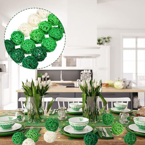 24 Pieces Wicker Rattan Balls Decorative Orbs 1.8 Inch St Patrick's Day Mixed White Green Ball Vase Filler Decorative Balls for Wedding Table Decor Valentine's, Green, Light Green, Dark Green, White in Saudi Arabia