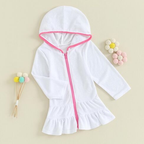 Girls Swim Cover Up Kid Hooded Zip-Up Terry Swimsuit Coverup Towel Bathing Suit Bathrobe Pool Swim Beach Robe Dress (Z White, 5-6 Years) in Kuwait