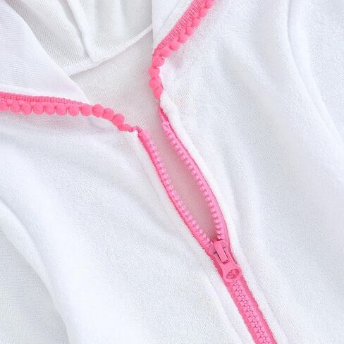 Girls Swim Cover Up Kid Hooded Zip-Up Terry Swimsuit Coverup Towel Bathing Suit Bathrobe Pool Swim Beach Robe Dress (Z White, 5-6 Years) in Kuwait