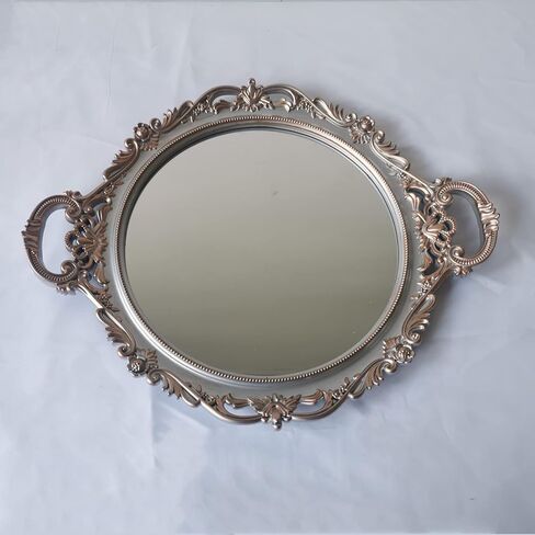 صينية مرآة مزخرفة من ياش يانيزو، مستديرة بمقابض، منظم للعطور والمكياج والمجوهرات وصينية عرض عتيقة وصينية تقديم لخزانة الملابس والعداد وطاولة القهوة، 15.8 × 13 بوصة، فضي ذهبي in Kuwait